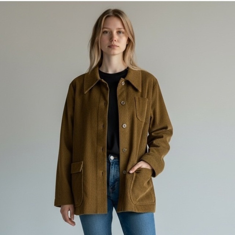 Corduroy Button-Up Jacket Shirt – Women's M Brown Long Sleeve‎